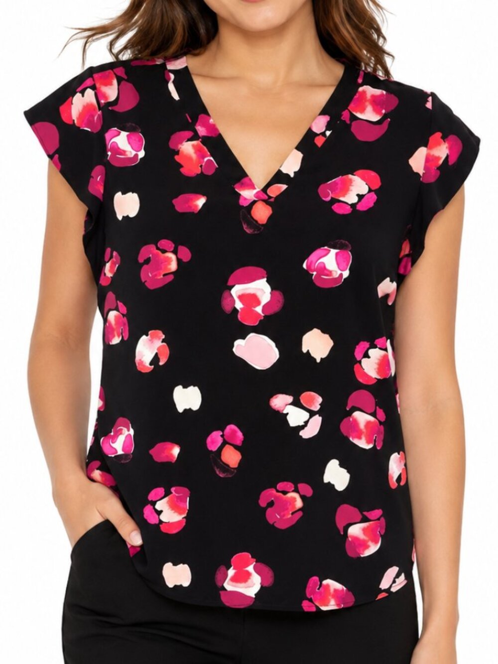 Cabi Black Pink Magenta Watercolor V-Neck Pullover Cap Sleeve Blouse